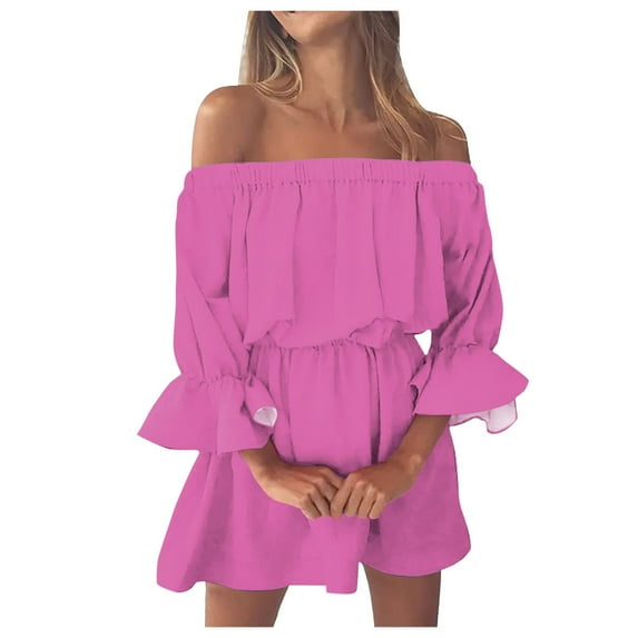 Fsqjgq Summer Dresses for Women 2024 Maternity Dress Party Dress Dress Vintage Print Beach Vacation Dresses Off Shoulder Tunic Casual Loose Fit Bell Sleeve Mini Dress Loose Boho Flowy Dres M