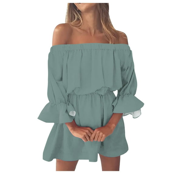 Fsqjgq Summer Dresses for Women 2024 Tshirt Dress Women Party Dress Short Dresses for Women Vintage Print Beach Vacation Dresses Off Shoulder Tunic Casual Loose Fit Bell Sleeve Mini Dress Swing M M