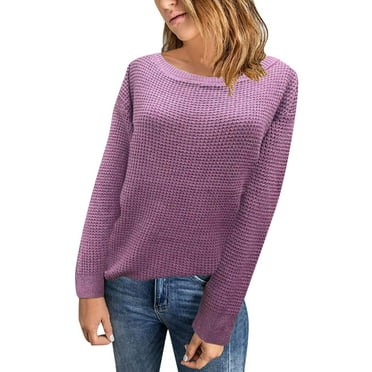 Fsqjgq Sweaters for Women Purple Pullover Tops Black Cardigan for Women Crewneck Long Sleeve Oversized Fuzzy Knit Warm Pullover Sweater Top Clothes Outfits Ribbed Knit Sweaters Tops Fashion Cardigan