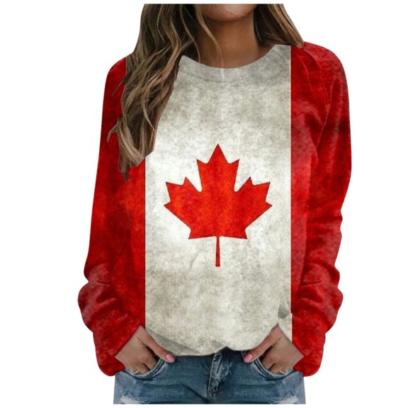 Fsqjgq Sweatshirt Hoodie Casual Sweatshirts for Women Jackets Trendy Crewneck Oversized Sweatshirts Canada Flag Print Long Sleeve Shirts Fall Tunic Tops Loose Fit Cute Clothes Workout Pullover