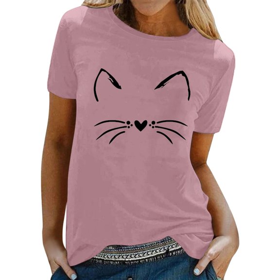 Fsqjgq Tees for Women Trendy Linen Shirts for Women Spring Summer Cats Printed Short Sleeve Crewneck T Shirt Top Pink S