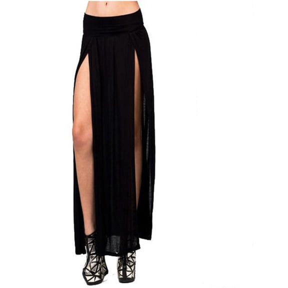 Fsqjgq Tennis Skirt Gothic Skirts for Women Cargo Skirt Falda Sexy Skirt Double Split Maxi Long Skirt Ladies Plain Casual Basic Two Side Slit Pleated Skirt High Waist Versatile Black Skirt M