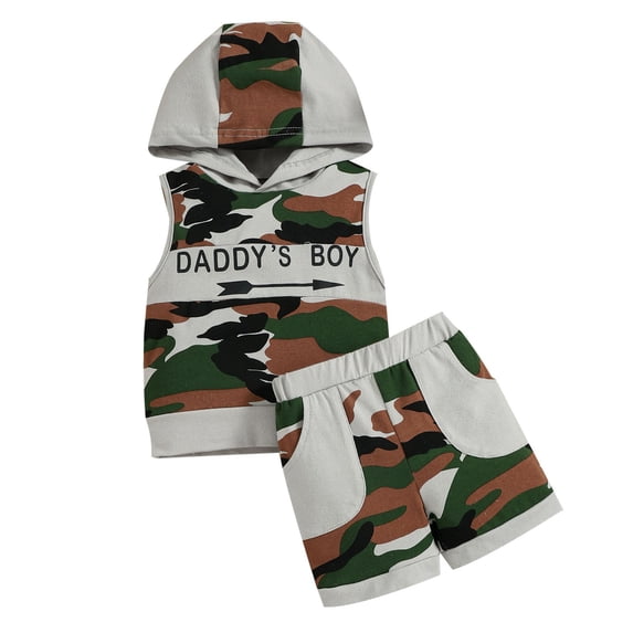 Fsqjgq Toddler Baby Boy Clothes Camouflage Outfits Baby Boys Sports Suit Summer Sleeveless Hooded Tops and Shorts Cotton Clothing Sets 9M