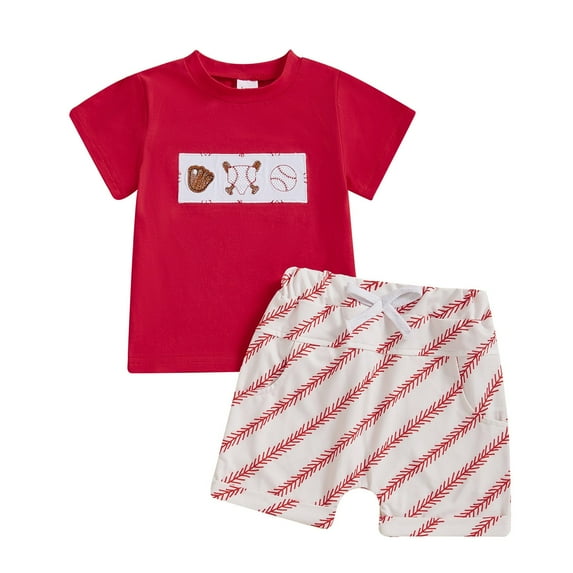 Fsqjgq Toddler Baby Boy Summer Clothes Cotton Clothing Sets Baseball Embroidery Short Sleeve T Shirt Plaid Shorts Set Baseball Baby Outfit 6M