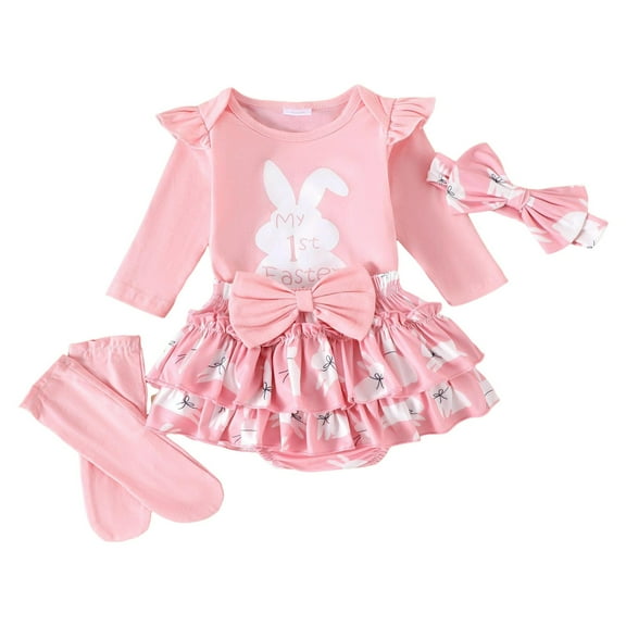 Fsqjgq Toddler Baby Girl Clothes Easter Outfits 4Pcs Summer Cotton Clothing Sets Letter Ruffle Sleeve Tops Floral Shorts Headband Socks 9M