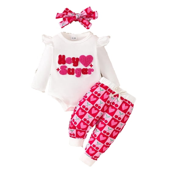 Fsqjgq Toddler Baby Girl Clothes Girls Valentine's Day Outfits Spring Long Sleeve Love Letter Embroidery Romper +Pants + Cute Headband Sets 18M