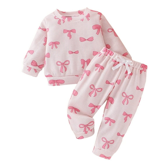 Fsqjgq Toddler Baby Girl Valentine's Day Outfits Heart Bow Print Long Sleeve Sweatshirt and Jogger Pants Baby Girls Pink Clothes Sets 12M
