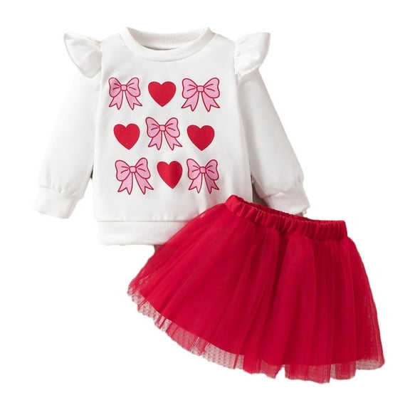 Fsqjgq Toddler Baby Girl Valentines Day Outfit Letter Sweatshirt Ruffle Long Sleeve T-Shirt Tops Tulle Tutu Skirt Set Toddler Girls Spring Fall Clothes 12M