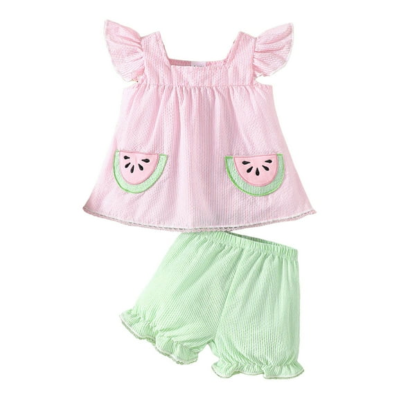 Fsqjgq Toddler Baby Girls Clothes Fly Sleeve Watermelon Embroidered Tank Top Ruffle Shorts Cute Summer Short Set Girl Cotton Clothing Sets 12M