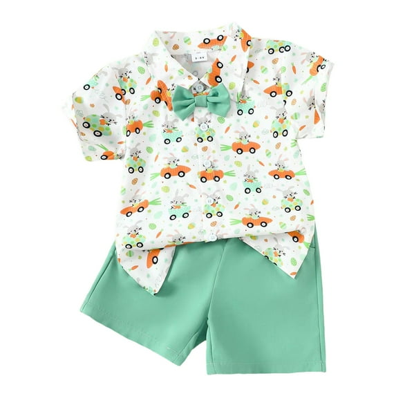 Fsqjgq Toddler Boy Easter Outfits Baby Boys Clothes Carrot Bunny Print Bowtie Short Sleeve Shirts Tops and Shorts Summer Clothes 2Pcs Set 6Y