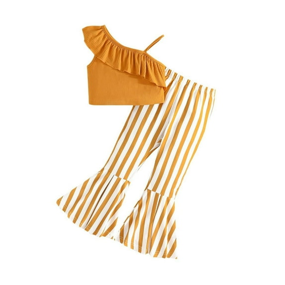 Fsqjgq Toddler Girl Pants Trendy Girls Clothes Child Outfits Summer Solid Color Top + Striped Flared Pants Fashion Casual Everything Comfy Clothing Sets Baby Girl Outfit Set Kids Sets Size 5