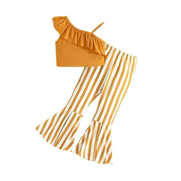 Fsqjgq Toddler Girl Sweatshirt Cute Girls Clothes Child Outfits Summer Solid Color Top + Striped Flared Pants Fashion Casual Everything Comfy Clothing Sets Baby Girl Outfit Set Kids Sets Size 7