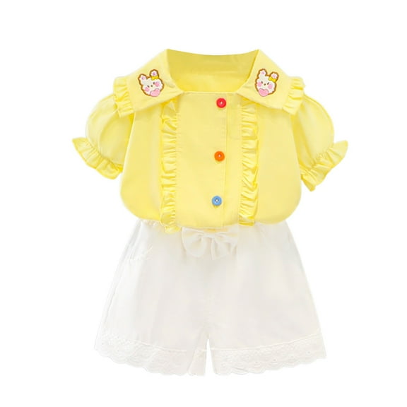 Fsqjgq Toddler Girls Outfits Baby Girl Floral Summer Clothes Shorts Sets Cartoon Print Ruffle Short Sleeve T Shirt Tops Cute Shorts Set 2-3 Years