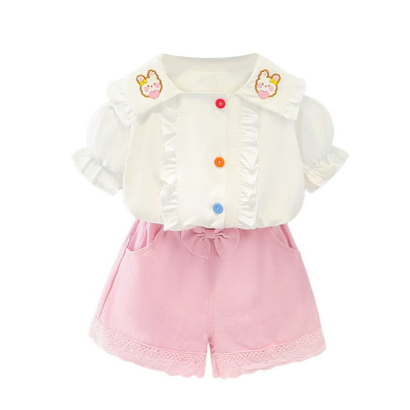 Fsqjgq Toddler Girls Outfits Baby Girl Floral Summer Clothes Shorts Sets Cartoon Print Ruffle Short Sleeve T Shirt Tops Cute Shorts Set 3-6 Months