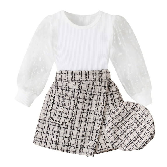 Fsqjgq Trendy Girls Clothes Outfits 4T Girl Clothes Child Clothing Sets Girls Fall Outfit Elegant Long Sleeve Crew Neck T Shirt with Plaid Skirt and Hat Girl Outfit Baby Girl Outfit Set Size 120