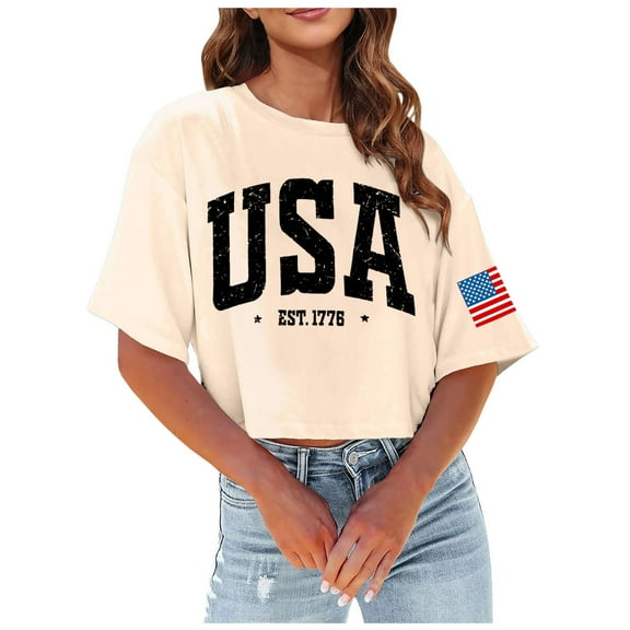 Fsqjgq Tshirts Shirts for Women Womens Summer Tops T-Shirt Women's Independence Day Print Crop Tops Oversized T Shirts Short Sleeve Crewneck Tops Patriotic 4th of July Basic Tee Shirts Cowgirl ShiXL