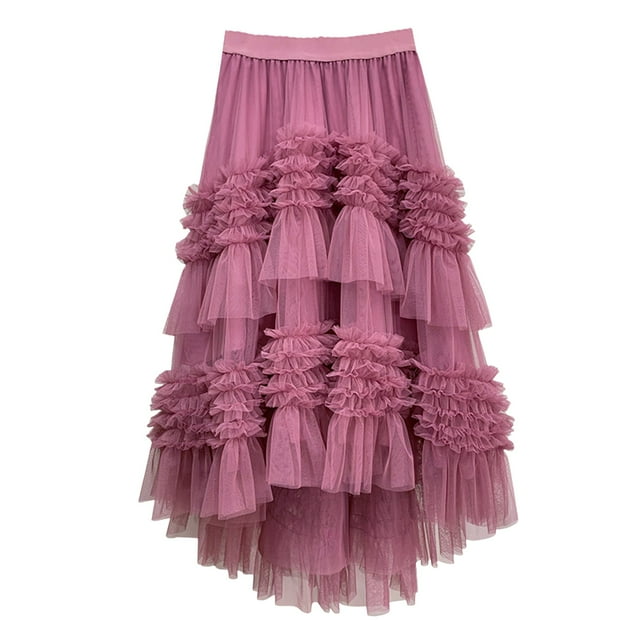 Fsqjgq Tulle Skirts for Women Fringe Trim High Waist Cake Skirts Midi ...