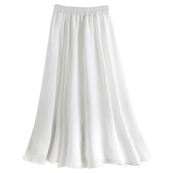 Fsqjgq Tutu Skirt Elegant Skirts for Women Sequin Skirt Falda Jean Skirt Women's Summer Cotton Maxi Skirt High Waisted Mid Length A Line Loose Elastic Belt Pleated Skirt Versatile White Skirts M