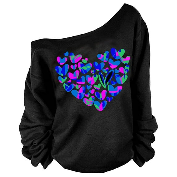 Fsqjgq Valentine's Day Long Sleeve Shirts for Women Love Heart Graphic Crewneck Sweatshirts Off Shoulder Loose Fit Tops Blouse M