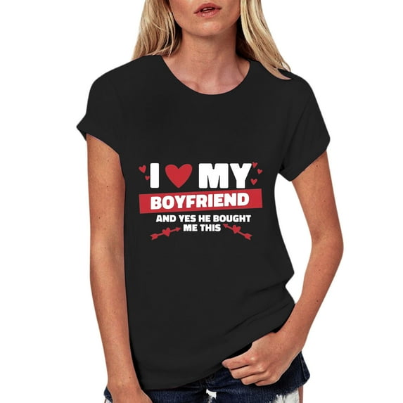 Fsqjgq Valentine's Day Womens Tops Couples Matching Tee Shirts I Love My Boyfriend Letter Print T Shirt Funny Graphic Tee Tops 2XL