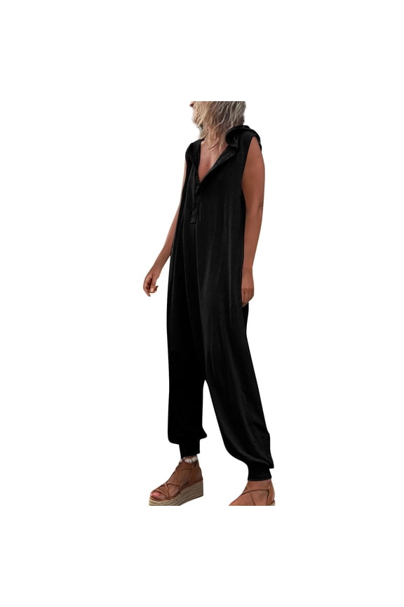 Vintage Button Hooded Jumpsuit Summer Women Causal Beach Harem Pants Playsuit Fashion Loose Solid Sleeveless Romper Streetwear Black Xxl