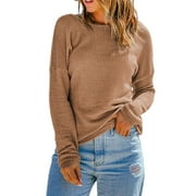 FSQJGQ Waffle Knit Sweaters for Women 2023 Fall Fashion Comfy Loose Long Lantern Sleeve Crewneck Pullover Tops Jumper L,Khaki