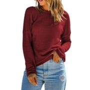 Fsqjgq Waffle Knit Sweaters for Women 2023 Fall Fashion Comfy Loose Long Lantern Sleeve Crewneck Pullover Tops Jumper S,Red