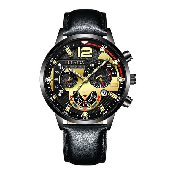 Fsqjgq Watches for Men Waterproof Stainless Steel Leather Strap Calendar Digital Analog Watch Bussiness Dress Wristwatch E