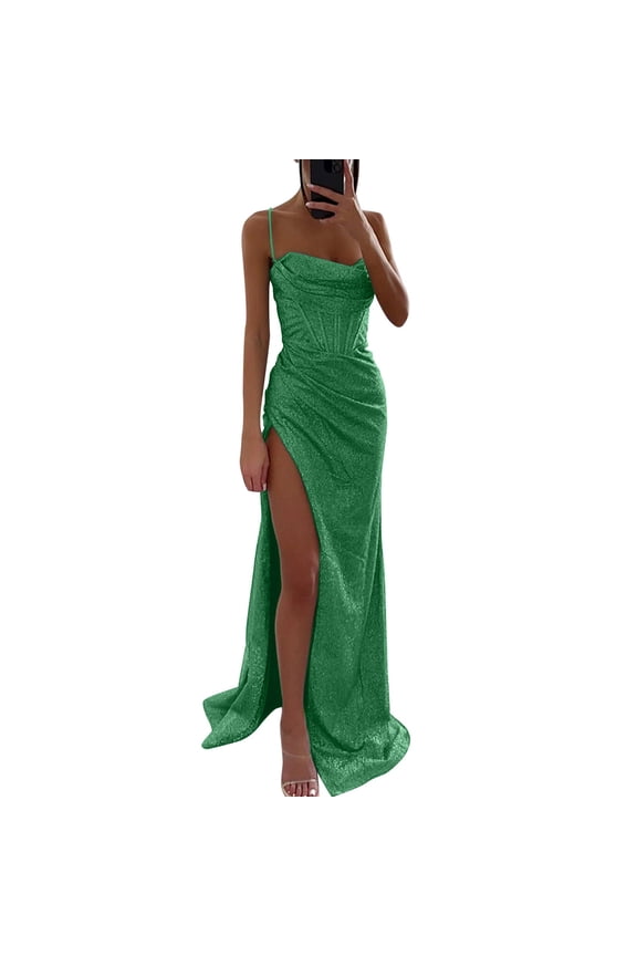 Wedding Guest Dresses for Women Elegant Sequin Spaghetti Strap Backless Prom Dress Split Ruffle Black Dresses Long Evening Party Dress XL