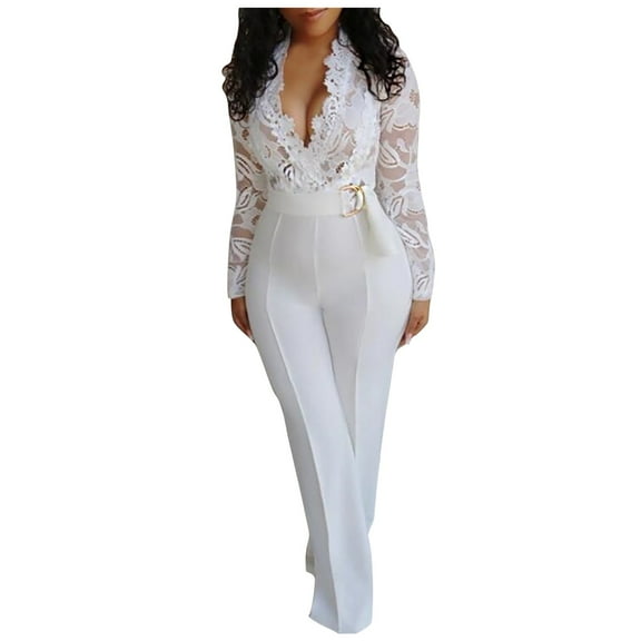 Fsqjgq White Lace Stitching Jumpsuits for Women Elegant Solid Embroidery Slim Jumpsuit with Belt Deep V Neck Long Sleeve Overalls White Xl