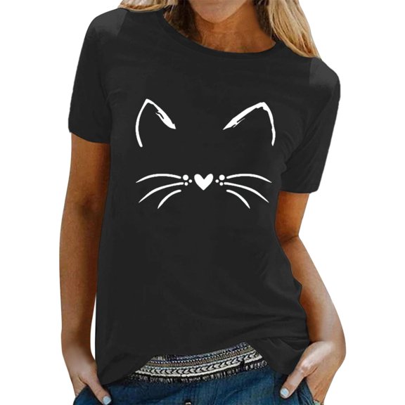 Fsqjgq White Shirts for Women Basic Womens Soft Tshirts Womens Spring Summer Cats Printed Short Sleeve Crewneck T Shirt Top Black S