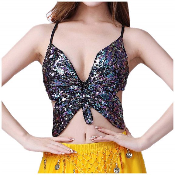 Fsqjgq Women Crop Top Club Sparkly Sequin Camisole Low Cut Bandage Backless Tube Tops Dance Outfits Corset Streetwear Black Multicolor One Size