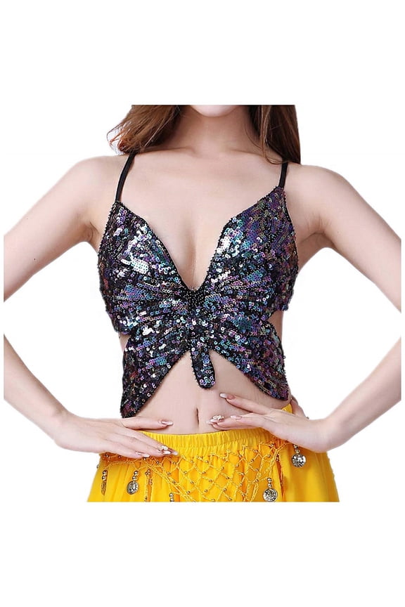 Women Crop Top Club Sparkly Sequin Camisole Low Cut Bandage Backless Tube Tops Dance Outfits Corset Streetwear Black Multicolor One Size