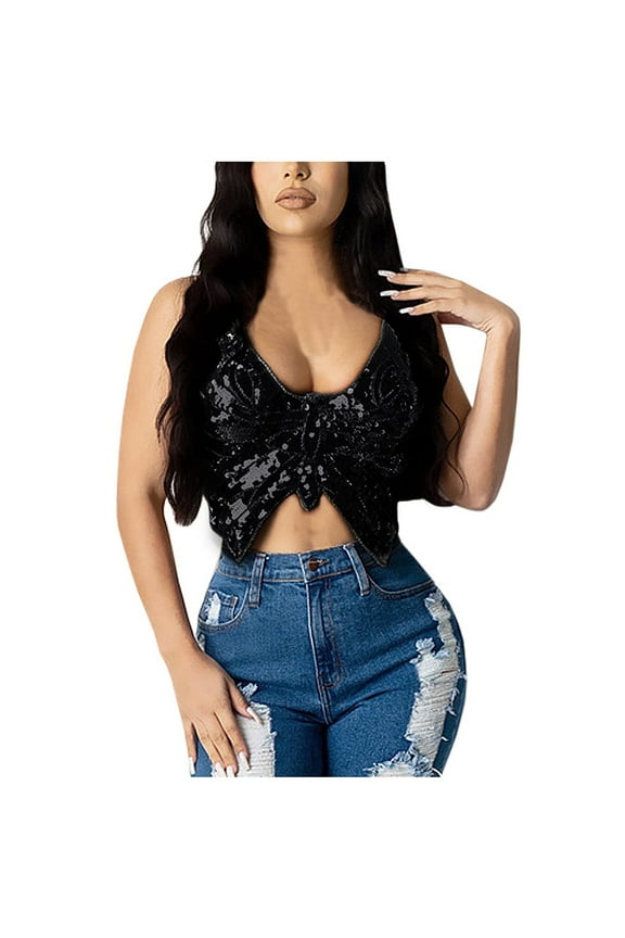 Women Crop Top Club Sparkly Sequin Camisole Low Cut Bandage Backless Tube Tops Dance Outfits Corset Streetwear Black One Size