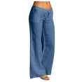 thumbnail image 1 of Fsqjgq Women Summer High Waisted Cotton Linen Pants White Beach Pants Women Casual Solid Cotton Linen Elastic Waist Drawstring Long Wide Leg Pants Blue M, 1 of 7