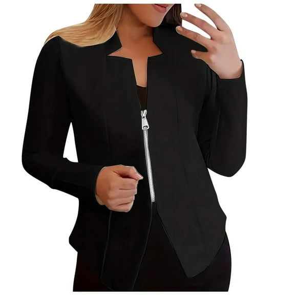 Fsqjgq Women's 2024 Fall Blazer Jackets Business Casual Work Jacket Suit Open Front Cardigans Fully Lined Zipper Notch Cropped Work Jacket Suits Black XL