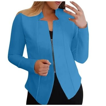 Fsqjgq Women's 2024 Fall Blazer Jackets Business Casual Work Jacket Suit Open Front Cardigans Fully Lined Zipper Notch Cropped Work Jacket Suits Blue 3XL