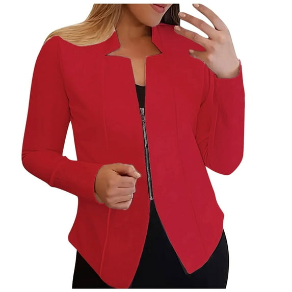 Fsqjgq Women's 2024 Fall Blazer Jackets Business Casual Work Jacket Suit Open Front Cardigans Fully Lined Zipper Notch Cropped Work Jacket Suits Red 2XL