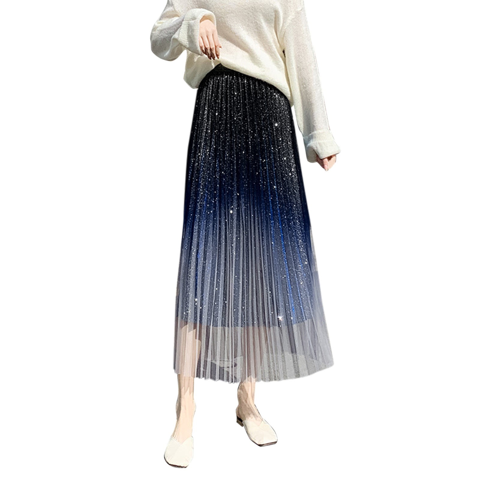 Fsqjgq Women's Black Pleated Skirt Gradient Starry Sky Shiny Fsqjgq Women's Black Pleated Skirt Gradient Starry Sky Shiny