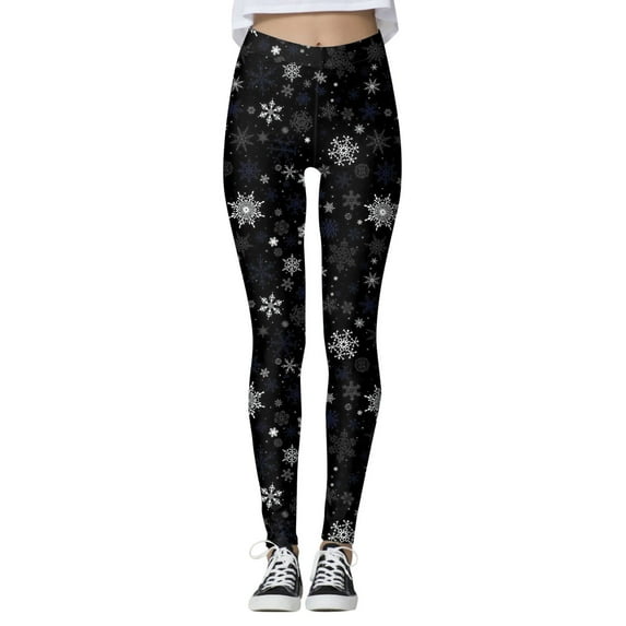 Fsqjgq Women's Christmas Leggings Plus Size Snowflake Printed Fitness Workout Yoga Leggings High Waisted Seamless Tights Pants Black L