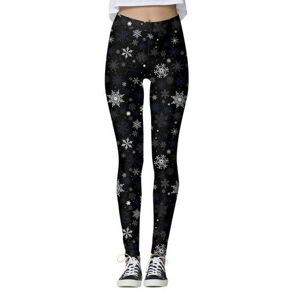 Fsqjgq Women's Christmas Leggings Plus Size Snowflake Printed Fitness Workout Yoga Leggings High Waisted Seamless Tights Pants Black M