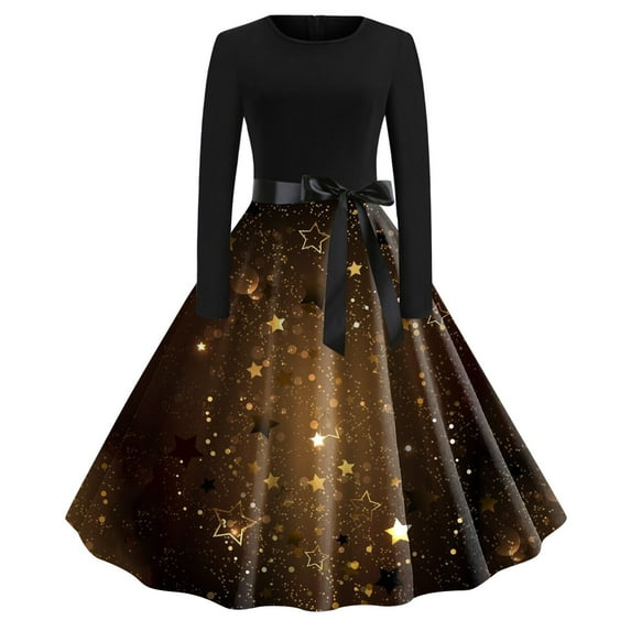 Fsqjgq Women's Formal Dresses Evening Party Dress Formal Black Dress for Women Black Dress Bling Bling Print Long Sleeve Crew Neck 1950s Vintage Evening Party Prom Dress Mini Dress Summer Dresses S