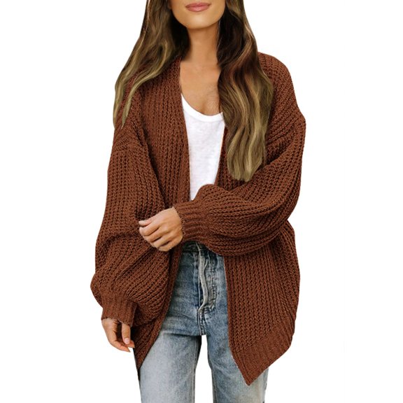 Fsqjgq Women's Lantern Sleeve Open Front Cardigan Sweaters Casual Fashion Lightweight Soft Cable Knit Outerwear Classic Warm Coat 2XL,Brown