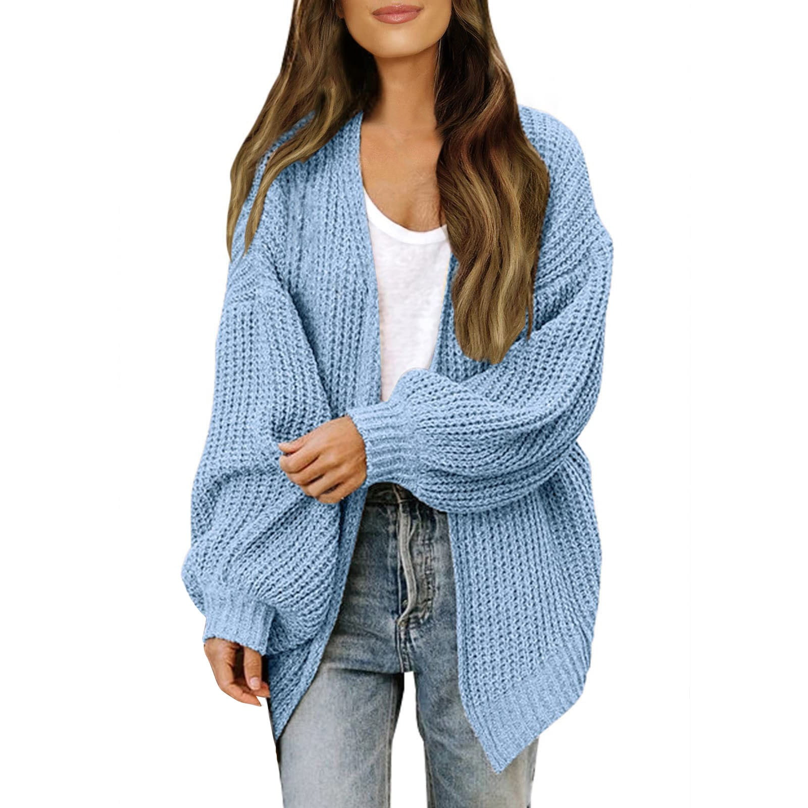 Fsqjgq Women's Lantern Sleeve Open Front Cardigan Sweaters Casual