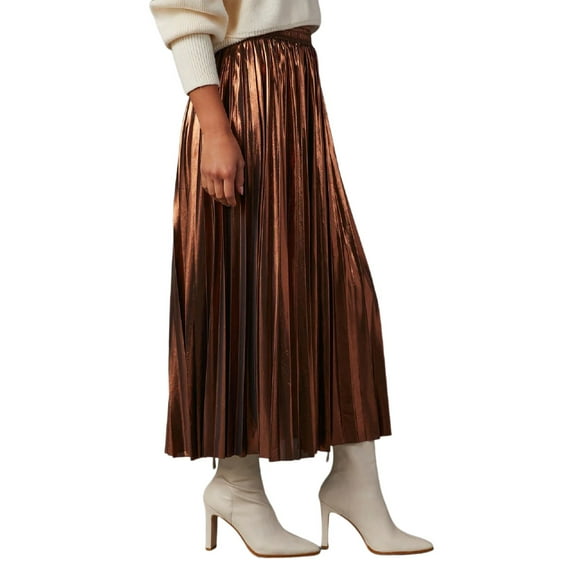 Fsqjgq Women's Long Metallic Shiny Pleated Skirt Fall Winter Fashion A Line Ruffles Swing Maxi Skirt Versatile Leather Skirts