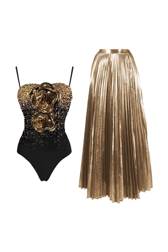 Women's One Piece Swimsuits with Beach Coverup Dress 2pcs Bikini Sets 3D Flower Sequins Printing Spaghetti Straps Monokinis Beachwear S