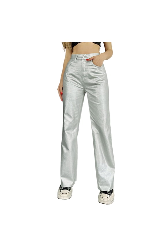 Women's Pants Cargo Pants Plus Size Trousers Dress Pants Silver Dress Pants Leather Loose Straight Leg Cargo Pants Solid PU Pants High Waist Baggy Jogger Harem Pants Pockets M