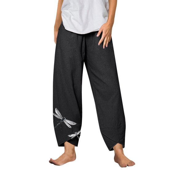 Fsqjgq Women's Pants Dress Pants Petite Linen Pants Black Floral Pants for Women Cotton Linen Pants Irregular Loose Wide Leg Pants Comfy Baggy Yoga Pant Cropped Trousers Palazzo Pants XL