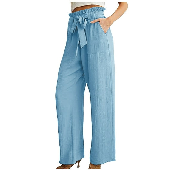 Fsqjgq Women's Pants Leather Pants for Women Vacation Bottoms Business Casual Outfits Work Slacks for Women Casual Pants High Waisted Self Tie Belted Pants Straight Trousers With Pockets XXL