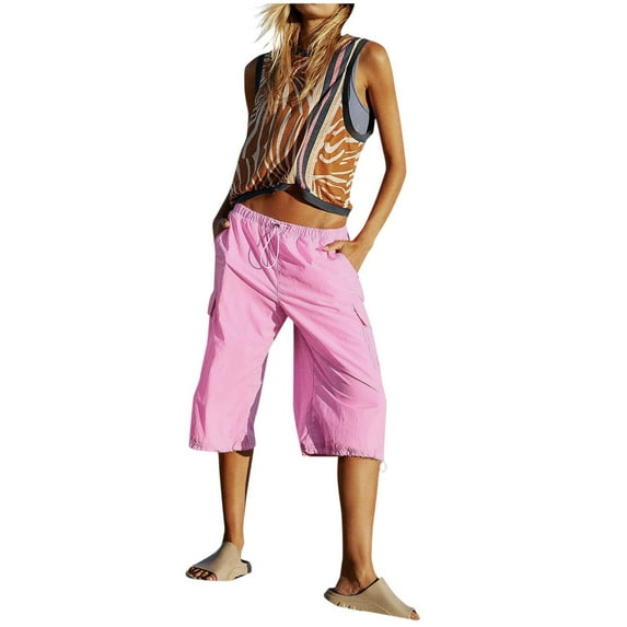 Fsqjgq Women's Pants Linen Pants Fashion Clothes Bell Bottom Pants for Woman Pink Womens Capris Summer Thin Casual Sports Cargo Pants Breathable Solid Harem Pant Pocket Comfortable Cropped Pants XL